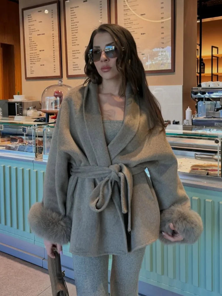 Woolen Coat with Faux Fur Sleeves