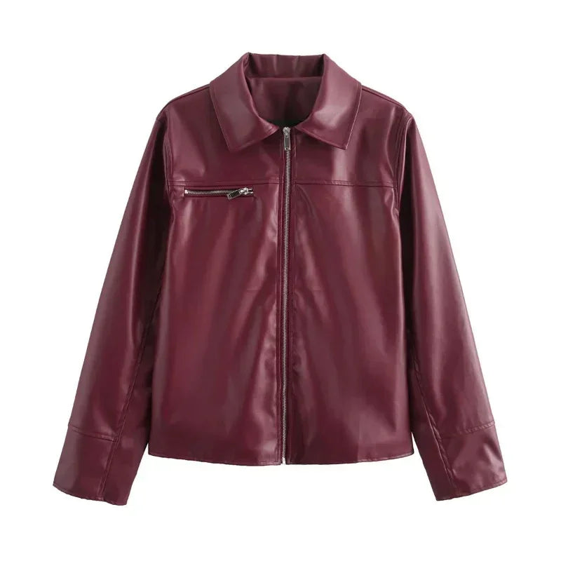 Women's Faux Leather Jacket - Burgundy Moto Coat