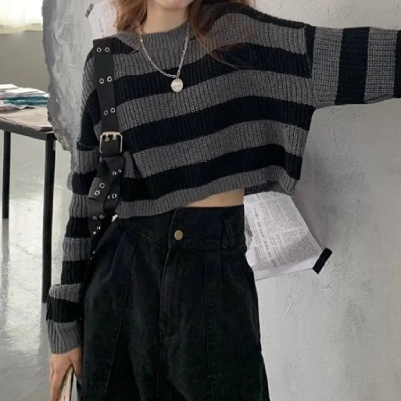 Korean Striped Cropped Knit Sweater - Oversized