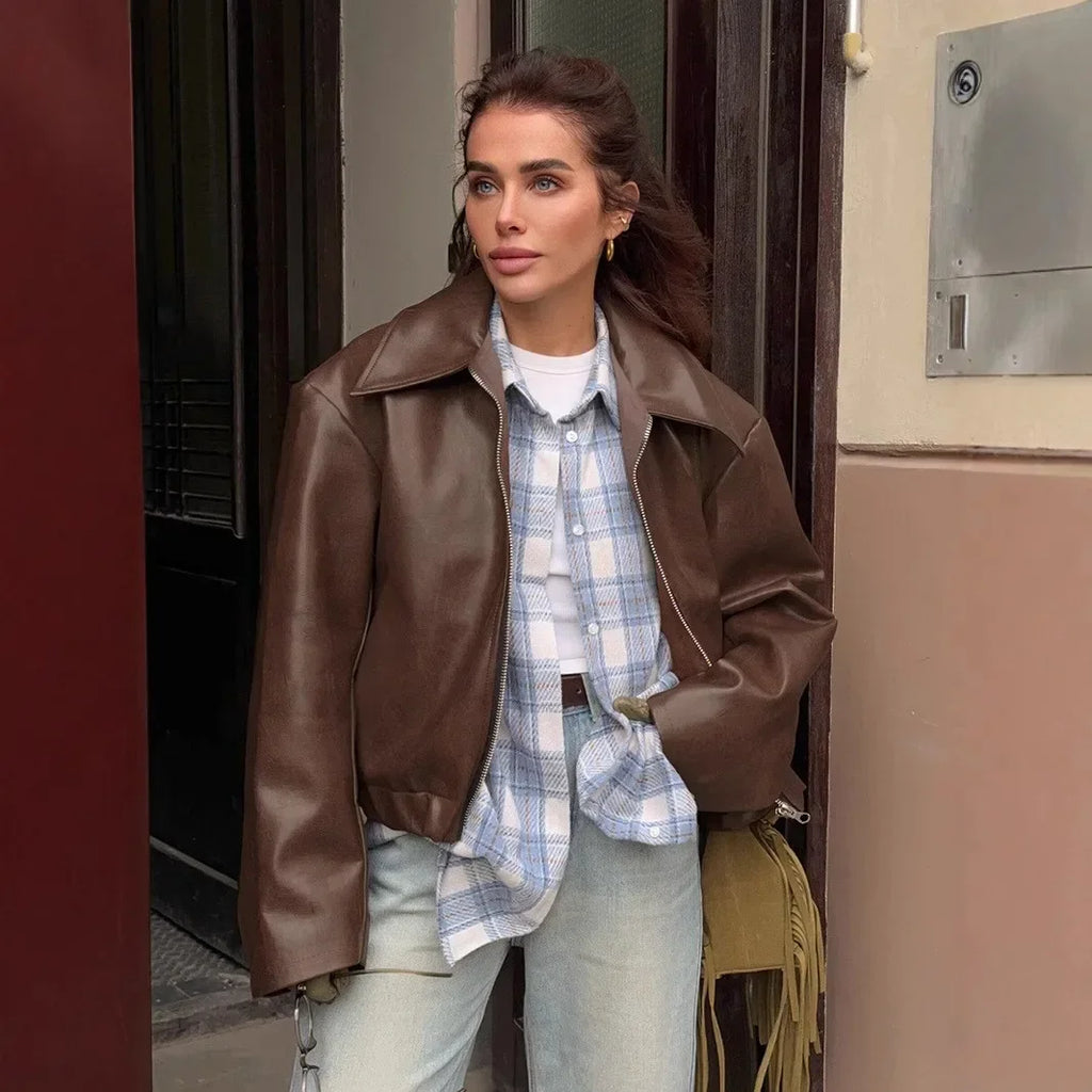 Women's Faux Leather Jacket - Burgundy Moto Coat