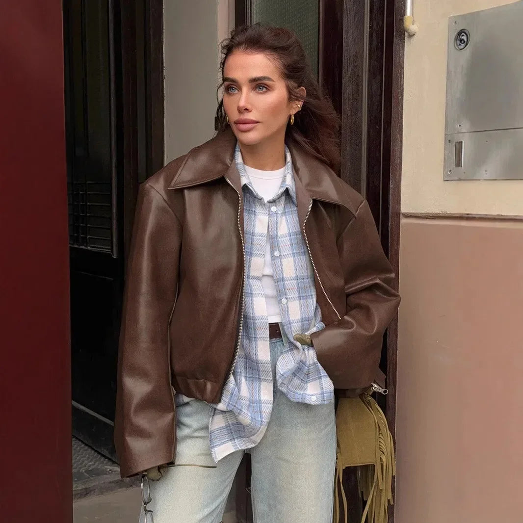 Women's Faux Leather Jacket - Burgundy Moto Coat