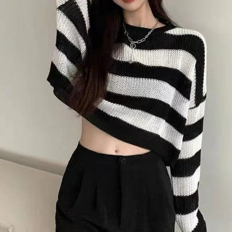 Korean Striped Cropped Knit Sweater - Oversized