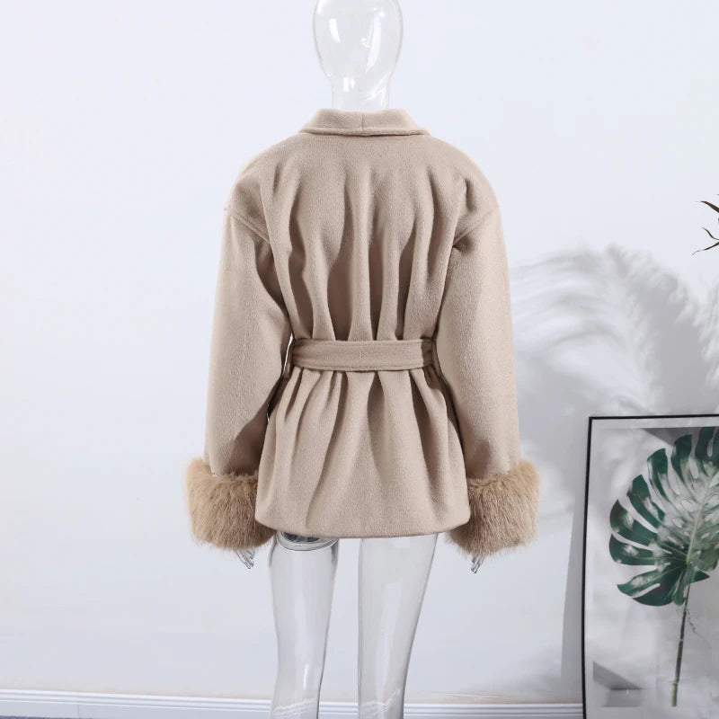Woolen Coat with Faux Fur Sleeves