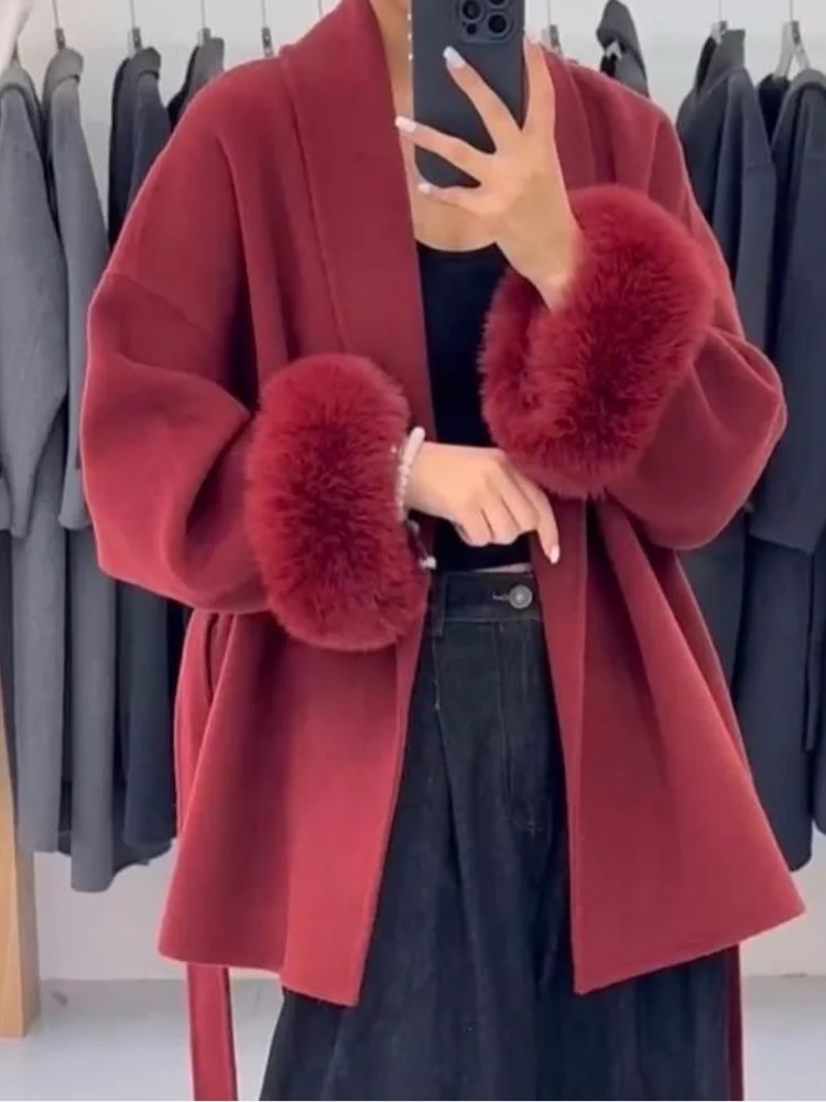 Woolen Coat with Faux Fur Sleeves