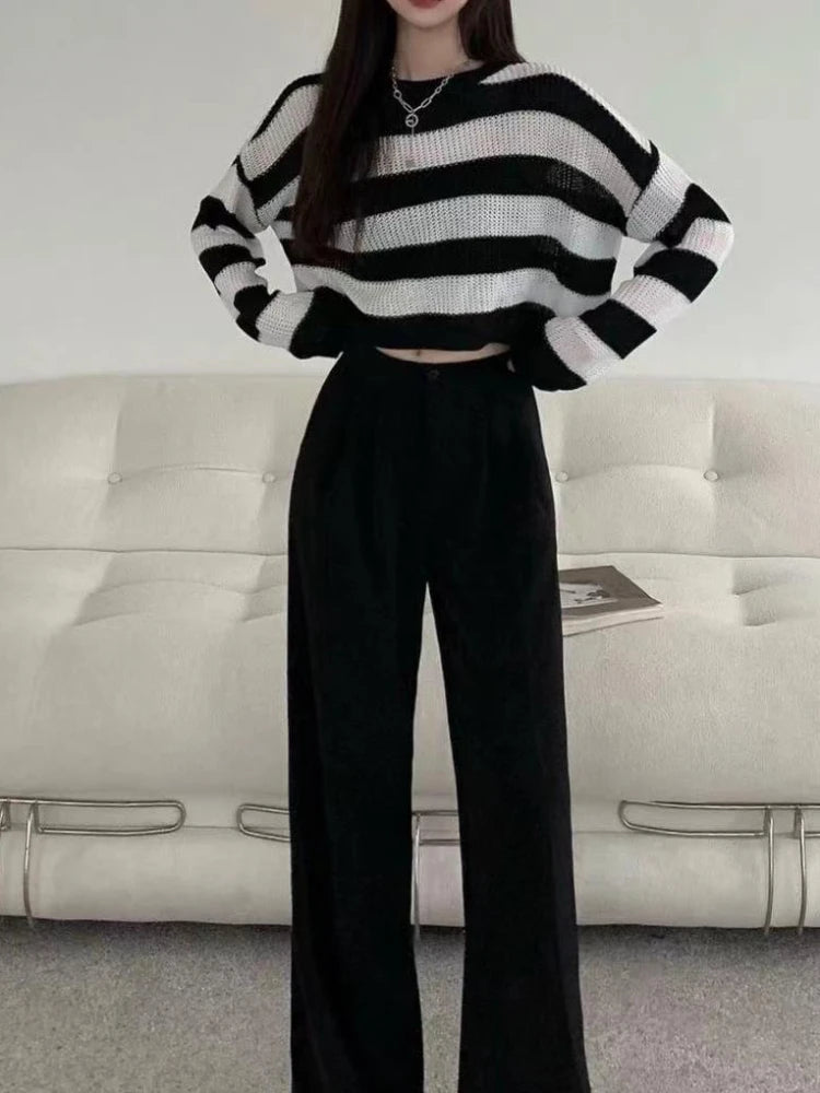 Korean Striped Cropped Knit Sweater - Oversized