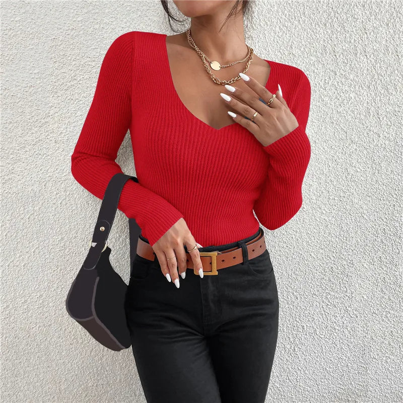 Ribbed V-Neck Stripe Knit Sweater