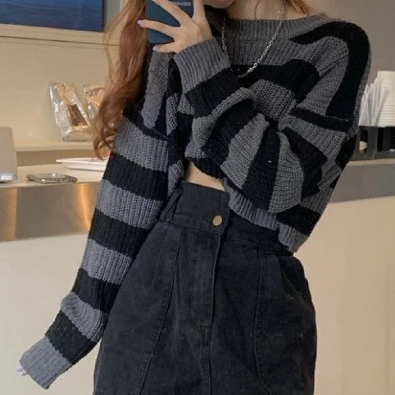Korean Striped Cropped Knit Sweater - Oversized