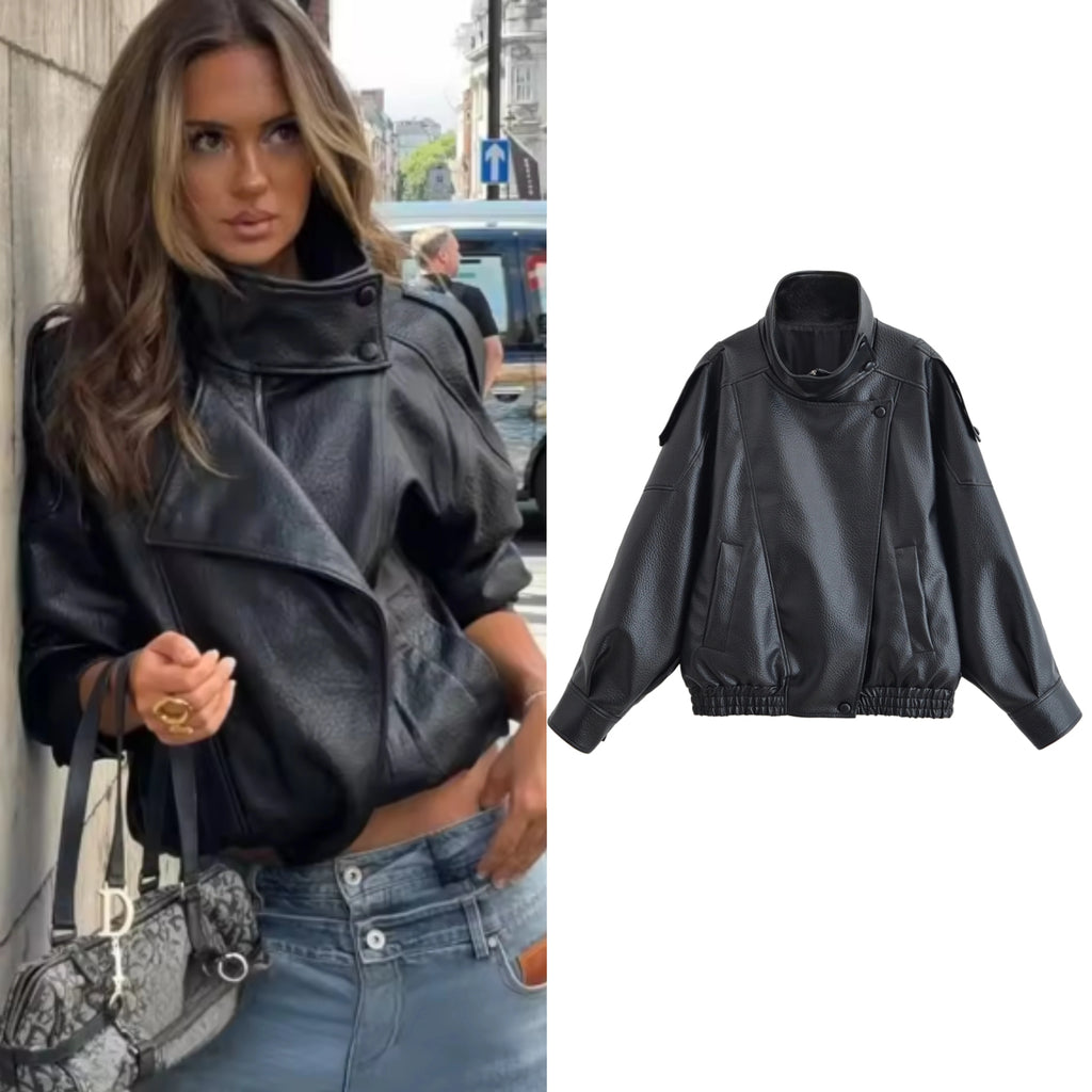 Schwarze Motorradjacke für Damen – Bikerjacke aus Kunstleder 